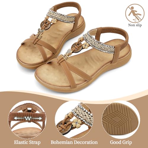 Image of UBFEN Womens Bohemian Flat Sandals With Back Strap Summer Beach Comfortable Bling
