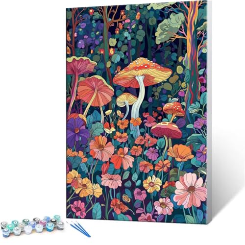 数字油絵 数字塗り絵 デジタル油絵 森 きのこ 数字キットでペイントブラシとアクリル絵の具が入, 大人の子供のためのギフト Paint by Numbers 手塗り DIY 数字によるアクリル 水彩絵画インテリア リビング装飾 35x50cm (フレームレ