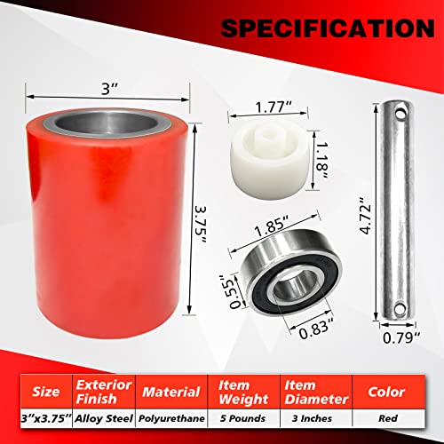 pallet jacktruck load wheels full set with axles and entry exit roller 334 x 37534 with bearings id 20mm red pallet jacktruck polyurethane load wheels kit