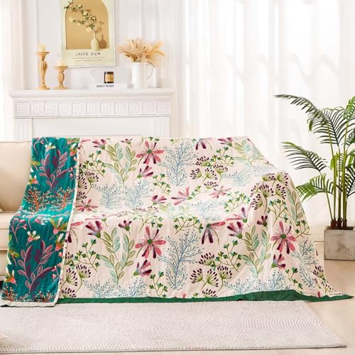 Image of XIBLC Boho Throw Blanket for Bed, 100% Cotton Soft Rustic Quilt Fall Blanket, 50 inchx60 inch Green Floral Printed Farmhouse Decor Bed Blankets, All Season Rustic Reversible Bohemian Throw Quilt