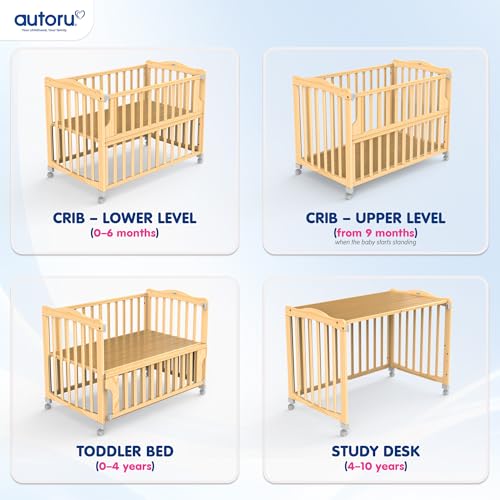 Image of autoru Wooden Multi-Functional Baby Cot C3 with Mosquito Net | Crib | Toddler Cot | Study Desk
