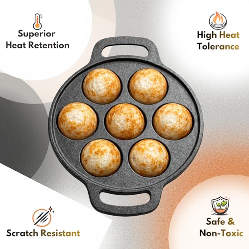 Image of Cast Iron Appam Pan (7 /9 /12 Cavity) | Paniyaram Pan, Appe Pan, Kuzhi Paniyaram Maker | Heavy Duty, Even Heating, Gas & Induction Compatible (7 Cavity (Small))