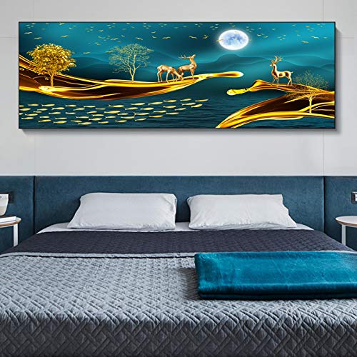 Affiche Cerf Vert et Or Paysage Abstrait sur Toile 45x130cm