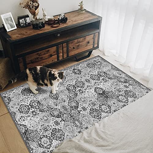 Boho Collection Area Rug - 3' X 5' Washable Entryway Rug, Washable Vintage Distressed Runner Rug For Bedroom Dining Room Home Office Decor Under Kitchen (Grey, 3X5Ft) #TOP2