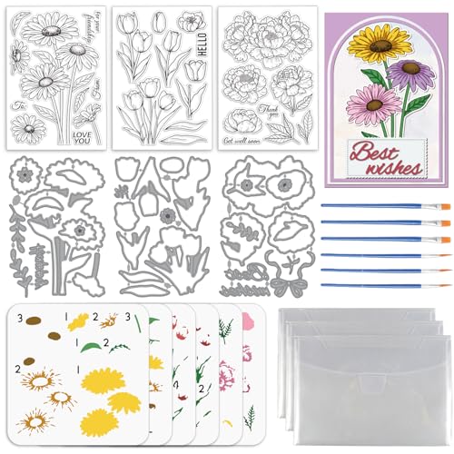 TWINKLEMON 3 Sets Flower Clear Stamps & Cut Dies &