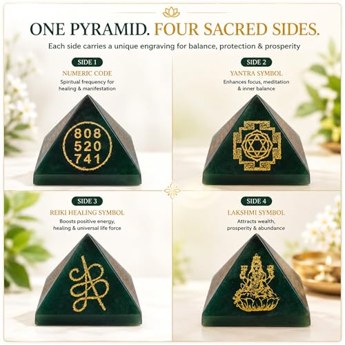 Image of Green Aventurine Pyramid with Shri Yantra, Laxmi, Zibu Coin & Money Magnet Symbols | Crystal Energy Pyramid for Wealth Enhancement, Prosperity, Financial Growth, Reiki Healing, Vastu & Feng Shui