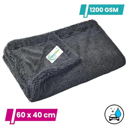 Image of 1200 GSM Microfiber Car Cleaning Cloth - Grey, Twisted Loop, Edgeless, Plush Pile Towel for Car Wash, Drying & Auto Detailing (Large 60cm x 40cm) (Black)