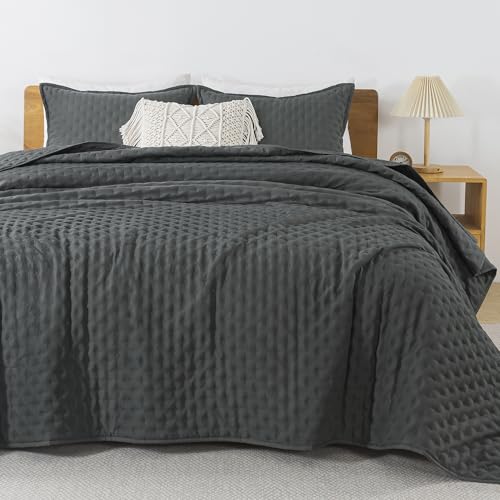 Image of Andency Dark Grey King Size Quilt Bedding Set (106x96 Inch), 3 Pieces Soft Lightweight Bedspread Coverlet, Drak Gray Boho Summer Quilt King Size for All Season(1 Quilt, 2 Pillow Shams)