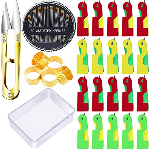 Needle Threader Kit, Includes Automatic Threaders Needles Thread Snip and Thimbles with Storage