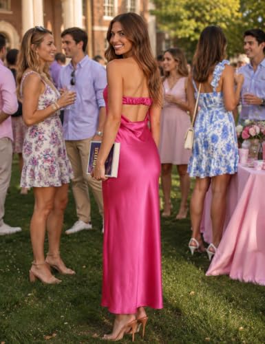 Image of Realtix Summer Satin Strapless Backless Maxi Dress for Women Wedding Guest
