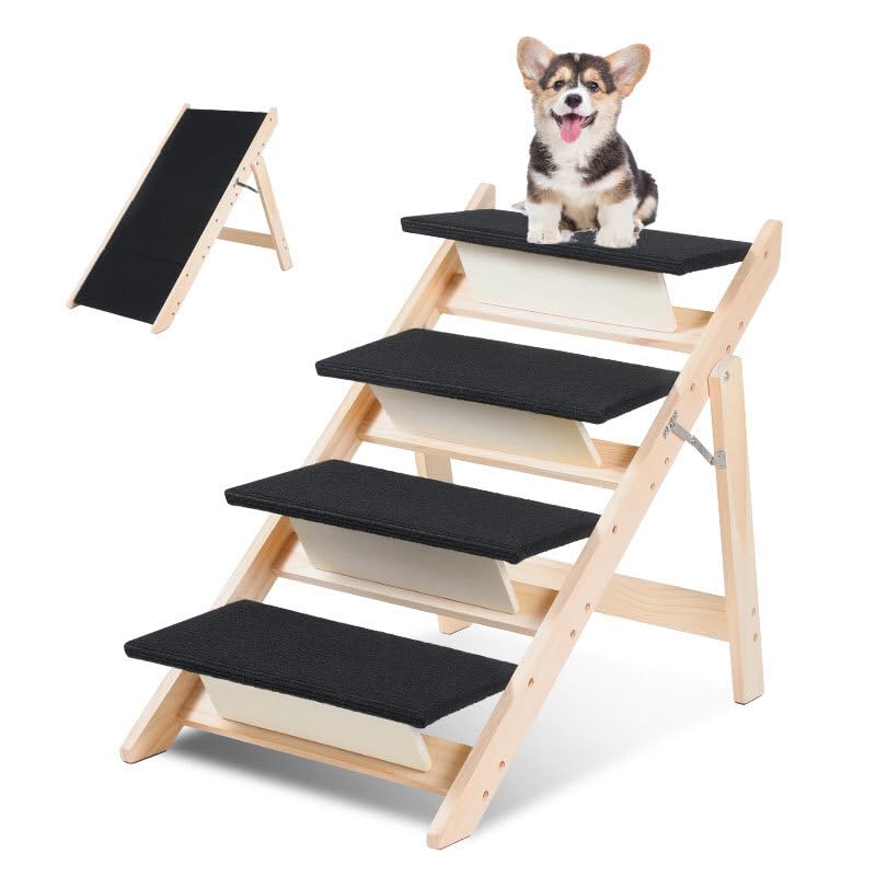 Jaxguom Haustierrampe, 2-in-1 Faltbare Hundetreppe, Holzklappbare Klappbare Hunderampe, Höhenverstellbar rutschfeste Hunderampe, für Betten, Sofas und Autos
