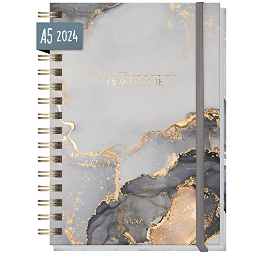 Häfft Calendario internacional 2024 A5 (gris mármol)con encuadernación espiral en idioma: EN/FR/IT/ES,organizador personal,planificador semanal,planificador de vida,sostenible y climáticamente neutro