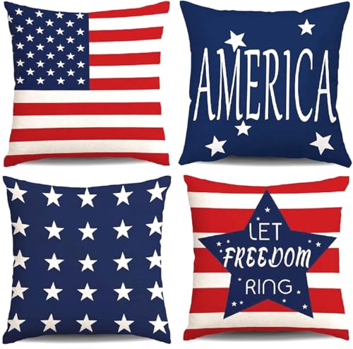 Hongsome 4th of July Throw Pillow Covers 20x20in Set of 4 Patriotic Pillow Case for Independence Day Memorial Day Veterans Day USA American Summer Outdoor Red White Blue Decorations