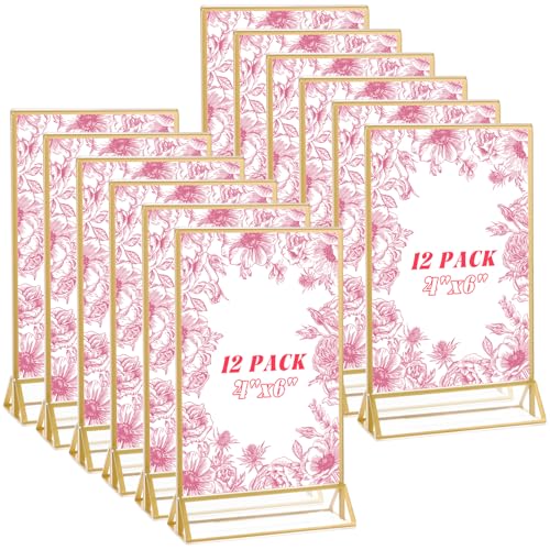LISHINE 12 Pack Acrylic Sign Holder 4 x 6 Gold Picture Frames, Double Sided Flyer Display Holder Menu Holder, Acrylic Frames for Wedding Table Number