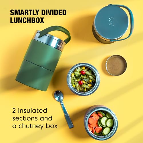 Image of Headway ZAO Insulated Heavy Duty Lunchbox-2 Year Warranty Double Wall Insulated-Matte Green 750 ML | Free Foldable Stainless Steel Spoon | Pickle Box | Hot for 6 hrs & Cold for 8 hrs