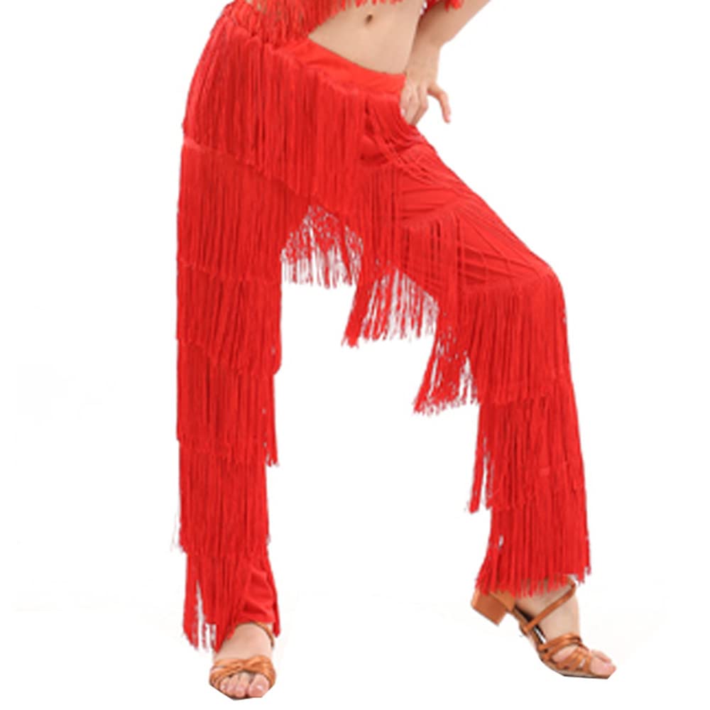 Libaobaoyo Girls Tassel Dance Pants Latin Ballroom Salsa Tango Chacha Rumba Performance Fringe Trousers Red