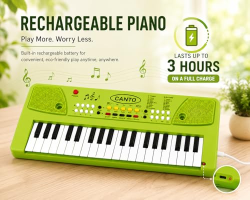 Image of Braintastic Kids Piano Keyboard with Microphone, 37 Keys, 8 Rhythms, 8 Tones with 6 in-Built Demos & Song Recording Feature for Boys & Girls (Green)