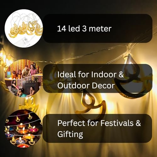 Image of One94Store 14 LED Metal Diya String Lights - 3 Meter Warm White Plug-in Fairy Lights for Diwali, Mandir, Pooja Room, Home, Indoor Outdoor & Festival Decoration