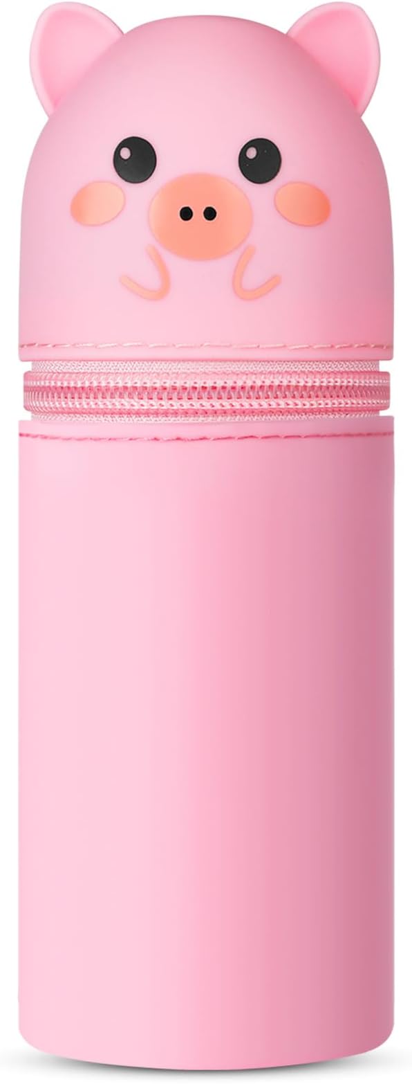 Vicloon Pencil Case, Pig Pencil Case in Soft Silicone, 2 in 1 Silicone Pouches Big Capacity Pencil Case and Desk Pen Holder, Retractable Capacity, Zipper Closure (Pink)