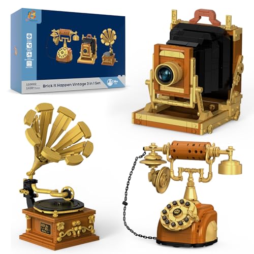 Brihappen 3 in 1 Building Block Sets, Retro Camera Telephone Record Player Building Toys, 1438 Pcs Vintage Collectible Model Kit for Home Office Decor, Nostalgic 80s Gift for Adults & Teens 14+ by Brihappen - Used condition - US$46.27