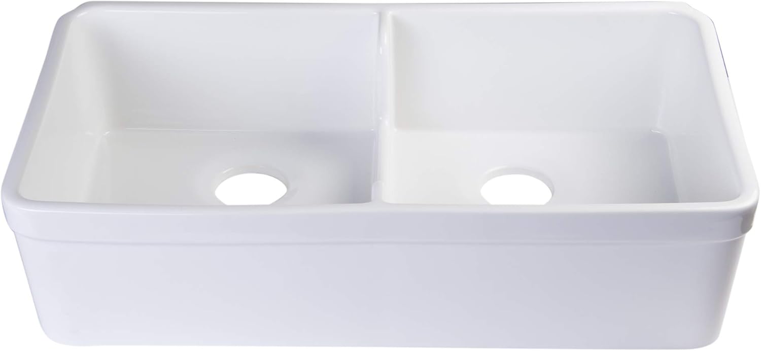 ALFI brand AB5123 32-Inch Short Wall Double Bowl Fireclay Farmhouse Kitchen Sink with 1 3/4-Inch Lip, White