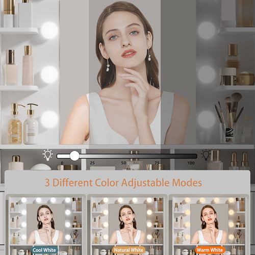Image of Makeup Vanity Desk with Mirror and Lights, 57 inch Fluted Vanity Dresser Combo & Storage Shelves, Vanity Mirror with Mirror and Lights with 8 Drawers, 3 Color Modes, Dressing Table Set for Girls, White