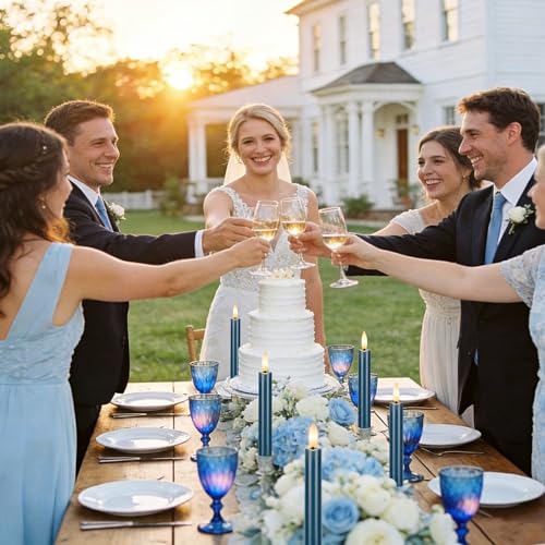 Image of Blue Flameless Taper Candles with Remote, Short Battery Operated LED Candles, 6.4inch Flickering Flameless Candlesticks for Table Centerpiece, Wedding, Mantel, Window Decor, Set of 6
