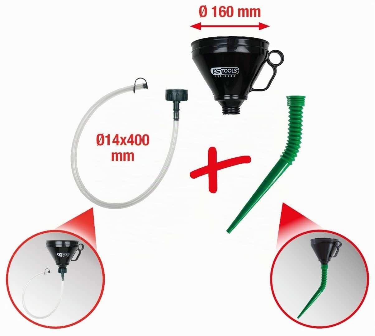 KS Tools 150.9230 Kit entonnoir flexible avec raccord et tuyau - 3 pièces | Kit entonnoir avec raccord et tuyau, 3 pièces