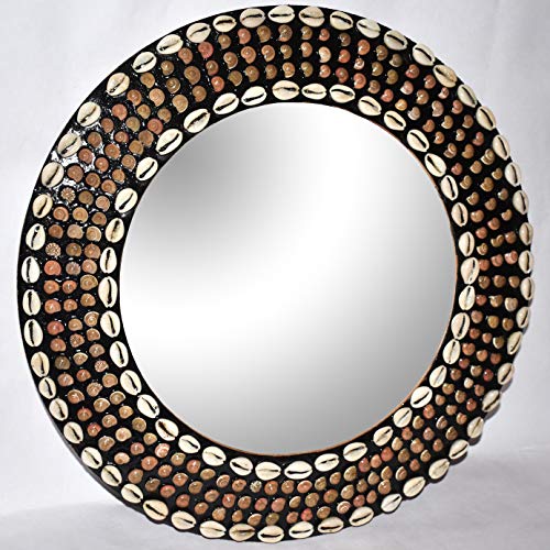 Image of 15 inch Sea Shell Wood Crafted Wall Mount Round Mirror for Wall - Rustic Accent Mirror for Bathroom - Entry - Dining Room - Living Room - Gift (15 inch x 15 inch, Antique)