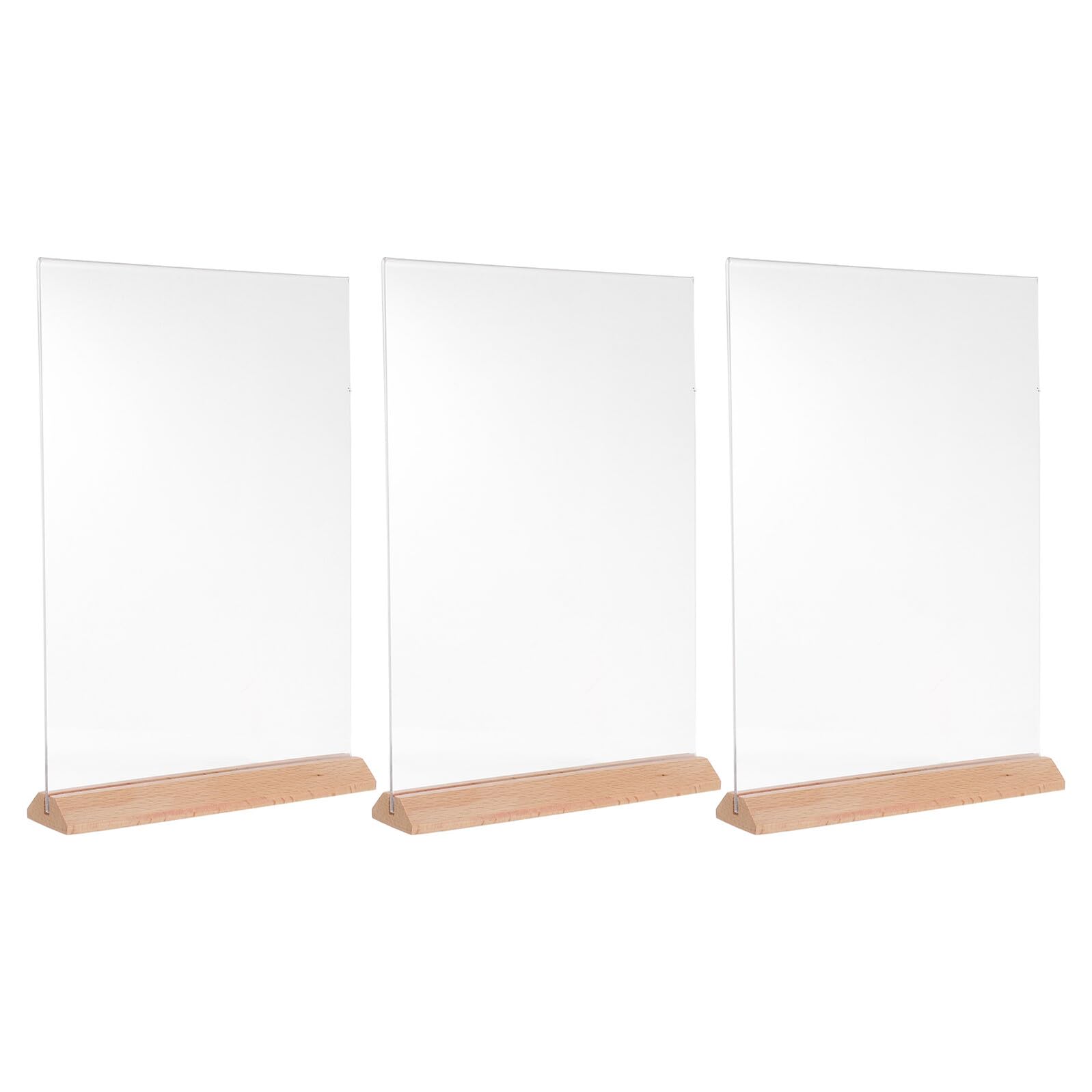 NUOBESTY Lot de 3 Porte-Menu de Bureau A4 en Acrylique Transparent Base en Bois 21 X 297 CM Présentoir de Table T Incliné Stable pour Affichage de Menus Photos et Flyers en Restaurant