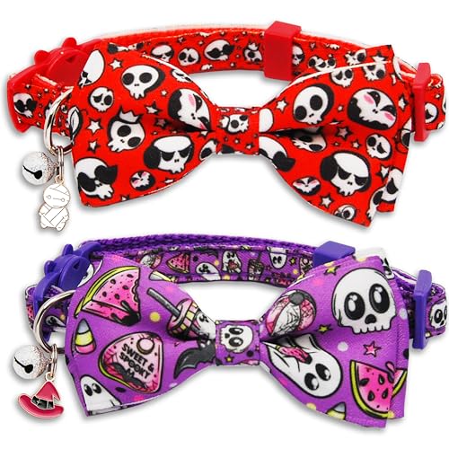 Halloween Cat Collar 2 Pack Holiday Adjustable Breakaway Bow Tie Collars with Ghost Candy Corn Charms Soft Nylon Safety Collar for Boys and Girls Kitties Kittens