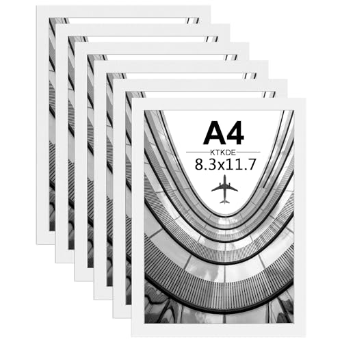 Image of KTKDE A4 Picture Frame Set of 6,White Wooden Photo Frame for Certificate Poster and Photo, Horizontal or Vertical Formats 8.3x11.7 Frame with Shatter Resistant Plexiglass Home Decor best gift