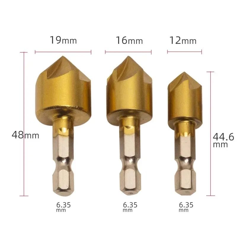 Lagnlnaoy 6PCS Hexagon Shank Titanium-Plated Five Flute Chamfering Cutter 1/4'' Hexagon Shank Reaming Chamfer 12mm16mm19mm Punching Tool
