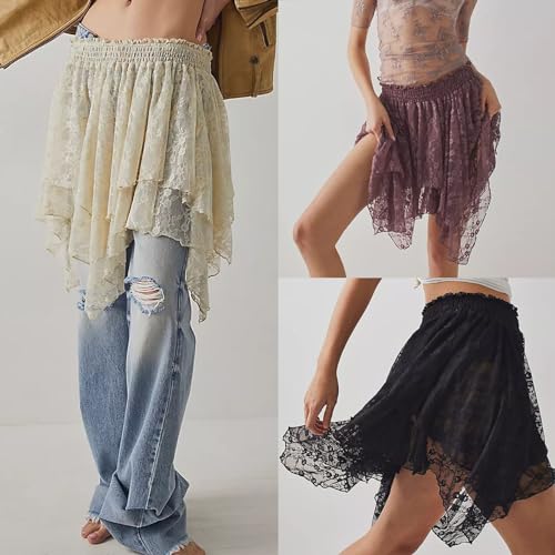 Image of Women's Y2k Lace Half Slip Skirt Low Rise Pleated Ruffle LaceTrim Mini Skirt Layered Flowy Short Skirts Underskirt