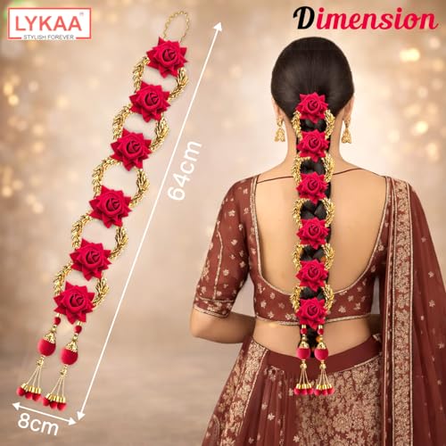 Image of Artificial Rose Floral Hair Parandi with Tassels | Bridal Braided Choti Hair Accessory for Wedding, Mehndi & Festive occasion-1 Pc Magenta & Golden