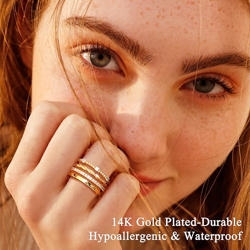 FUNRUN JEWELRY Stackable Gold Rings for Women Non Tarnish 14K Gold Plated Minimalist Cubic Zirconia Statement Engagement Promise Band Rings Thin Dainty Knuckle Thumb Ring Set Size 5-103