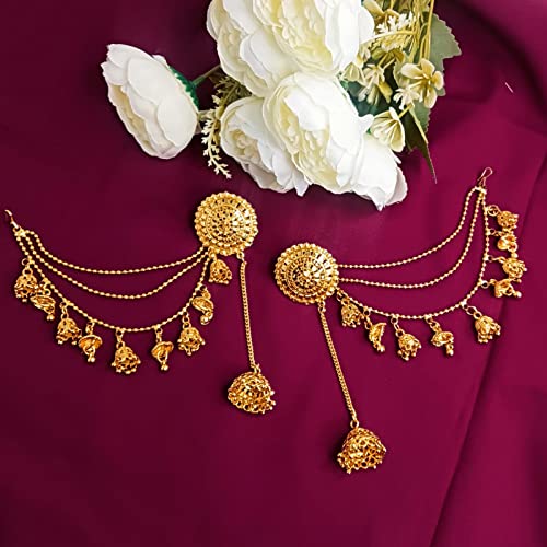 Efulgenz Indian Bollywood Jewelry 14K Gold Plated Dangling Earring with Layered Jhumka Tassels Ear Support Chain Hair Accessory Gold2