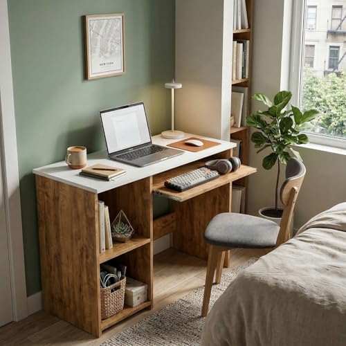Image of FFO GlideDesk Wooden Computer Desk with Sliding Keyboard Tray & Storage Shelf | Compact Study & Work Table for Home Office | Space Saving Writing Desk | Engineered Wood