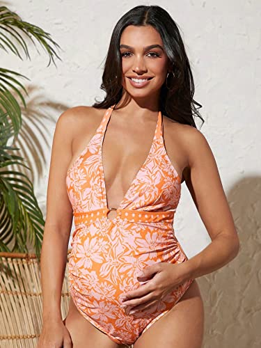 Makemechic Women's Maternity Floral One Piece Swimsuit Ruched Tie Backless Halter Bathing Suit Orange Xl #TOP4