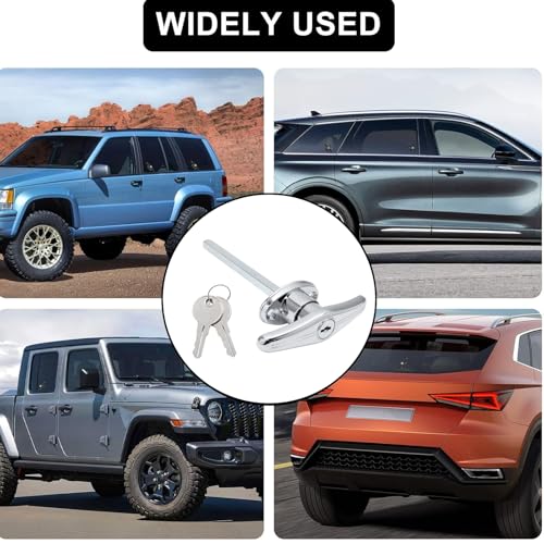 Image of 1 Pack T-Handle Truck Cap Lock, Silver Zinc Alloy Keyed Alike | Zinc Alloy Plated Anti-Rust, 5 /16 Inch Shaft 120mm Long, 90 Degree Turn, Fits Pickup Back Side Door, 1.5 Inch Hole Spacing