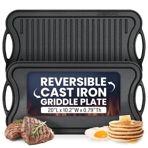 CHEFSPOT Griddle Pan for Stove Top – 20" Reversible Cast Iron Double Burner Griddle Plate, Multi-Use Preseasoned Pancake Pan with Handles - Works on most Stovetops, Grills, and Fire