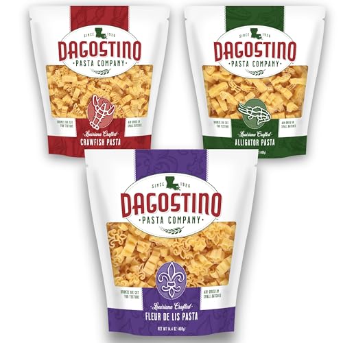 Dagostino Pasta Variety Pack, Handmade Specialty Cut Noodles – Crawfish, Alligator & Fleur de Lis Shaped Pastas – Authentic Louisiana Novelty Noodles for Mardi Gras, Tailgate Parties, Seafood Boils & Festive Meals, 14.4 oz Each (Pack of 3)