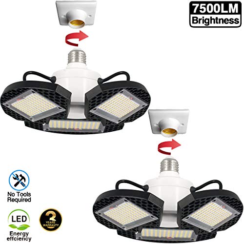 2Pack LED Garage Lights, Deformable LED Garage Ceiling Lights 7500 Lumens, CRI 80