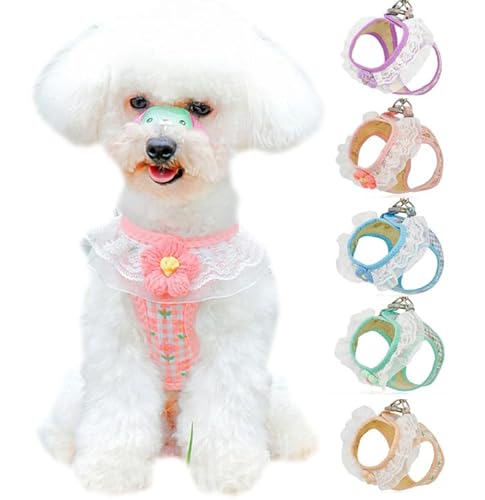 犬 猫 ハーネス リード付 フリル フラワー カラフル ウェアハーネス ペット 服 胴輪 キャット ドッグ h0543 (グリーン, XXS)