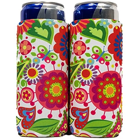 QualityPerfection Slim Can Cooler Sleeves (2 Pack) Insulated, Beer / Energy Drink Neoprene 4mm Thickness Thermocoolers for 12 oz Tall Skinny Beverage (Hippie Flowers White) Cover