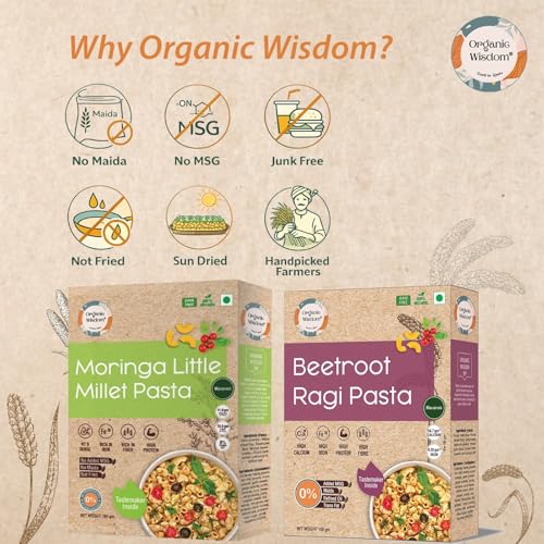Image of Organic Wisdom Healthy Pasta Combo (Pack of 2) - Beetroot Ragi & Moringa Little Millet Pasta (180g Each) | No Maida, No MSG, No Refined Oil | Macaroni