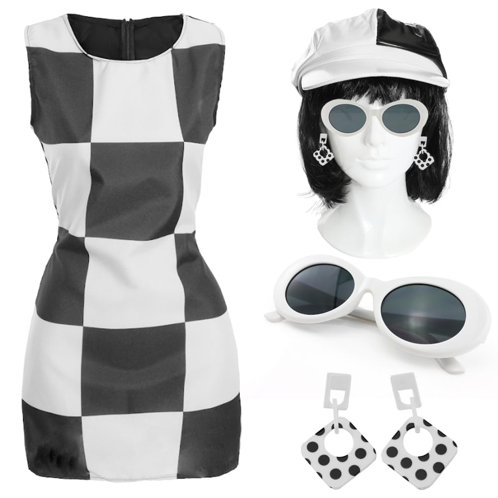Ladies 60s Mod Costume - Small - Deluxe Black & White Dress with Wig, Hat, Sunglasses & Earrings - Retro Sixties Fancy Dress Outfit