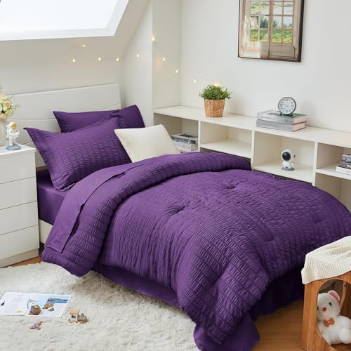 Image of HYMOKEGE Dark Purple Twin XL Comforter Set Seersucker 5 Pieces, All Season Luxury Bed in a Bag for Bedroom, Bedding Set with Comforter, Sheets, Pillowcase & Sham