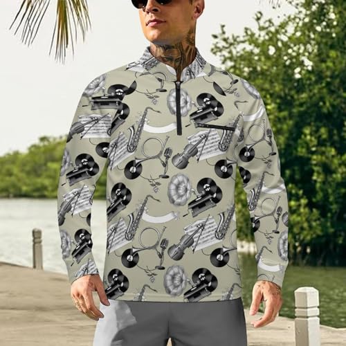 Vintage Musical Gramophone Vinyl Records Men's Rash Guard Long Sleeves Quick Dry Fishing Workout Shirts with Zipper2