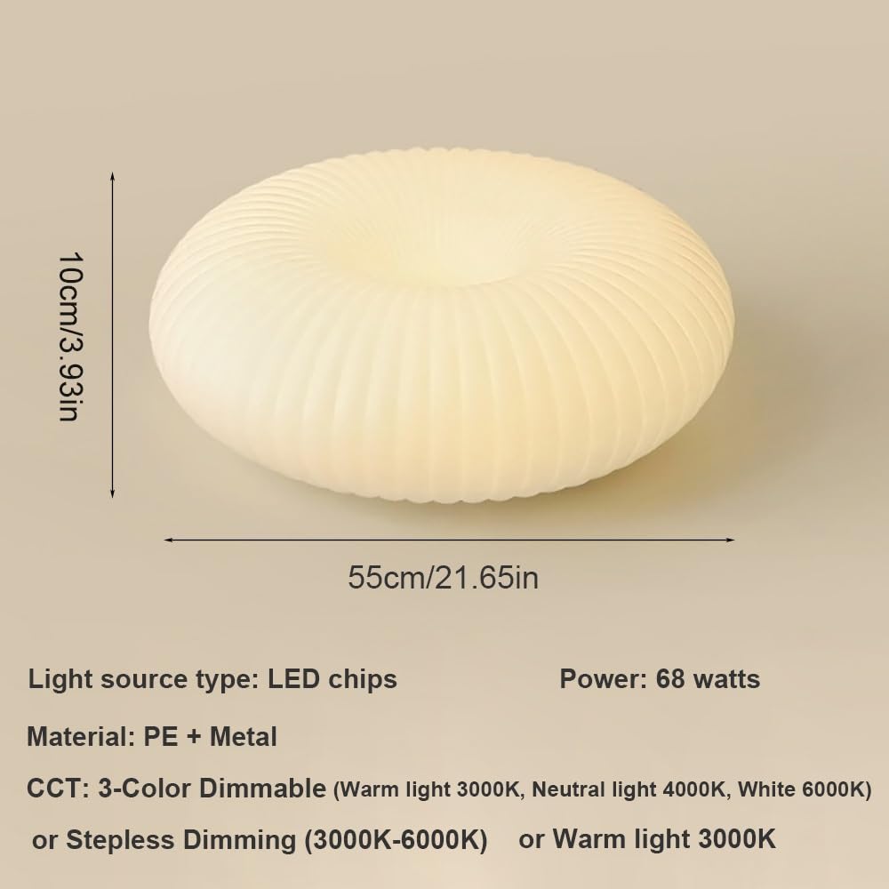 Lampy Sufitowa LED Biała Nordic Okrągła Minimalistyczna Styl Wiejski, Plafon Ryflowany PE Oświetlenie Sufitowe do Sypialni Gabinetu(3 modes,55cm/21.65in)